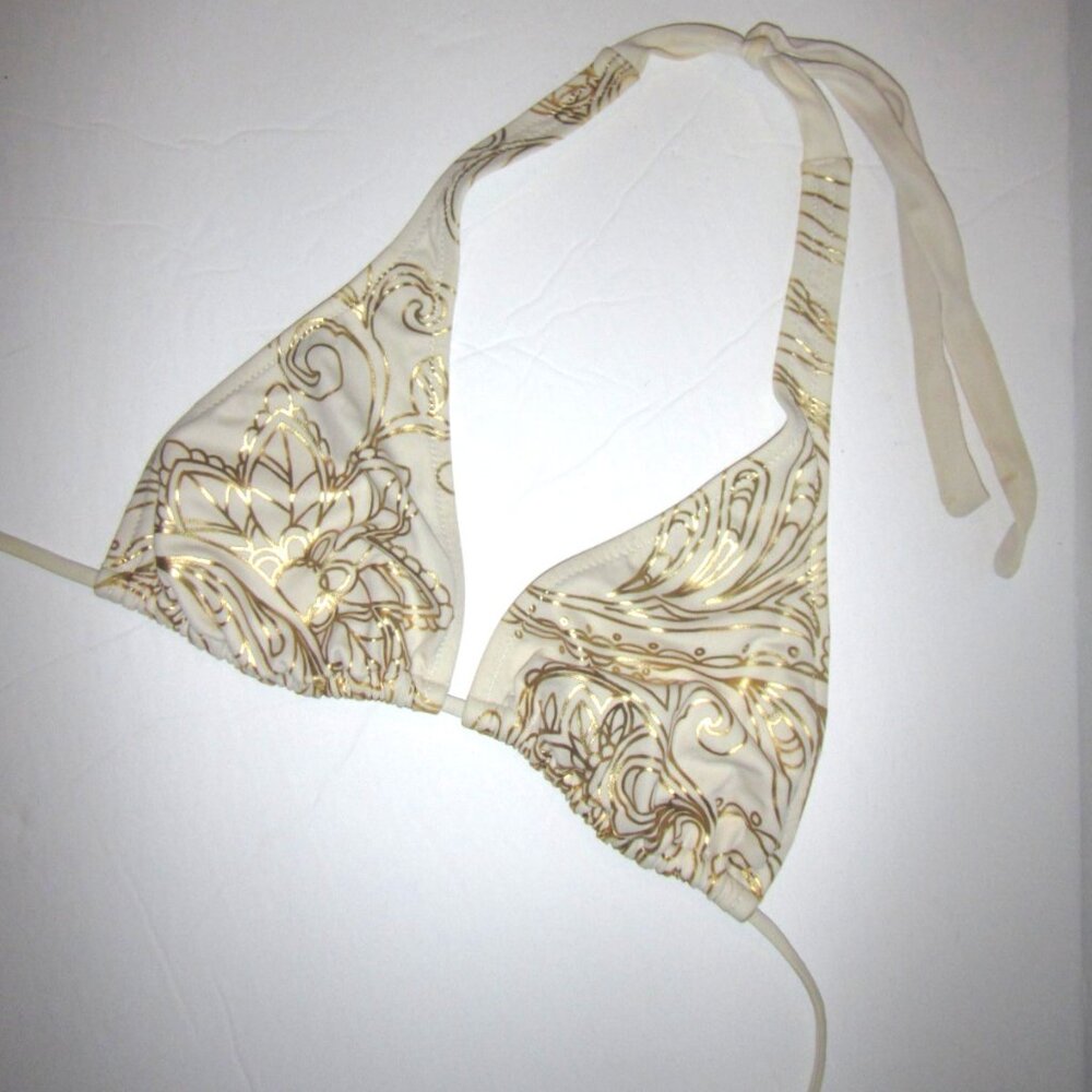 Elegant Luxurious Gold Shimmer Beige Triangle Bikini Halter Top M